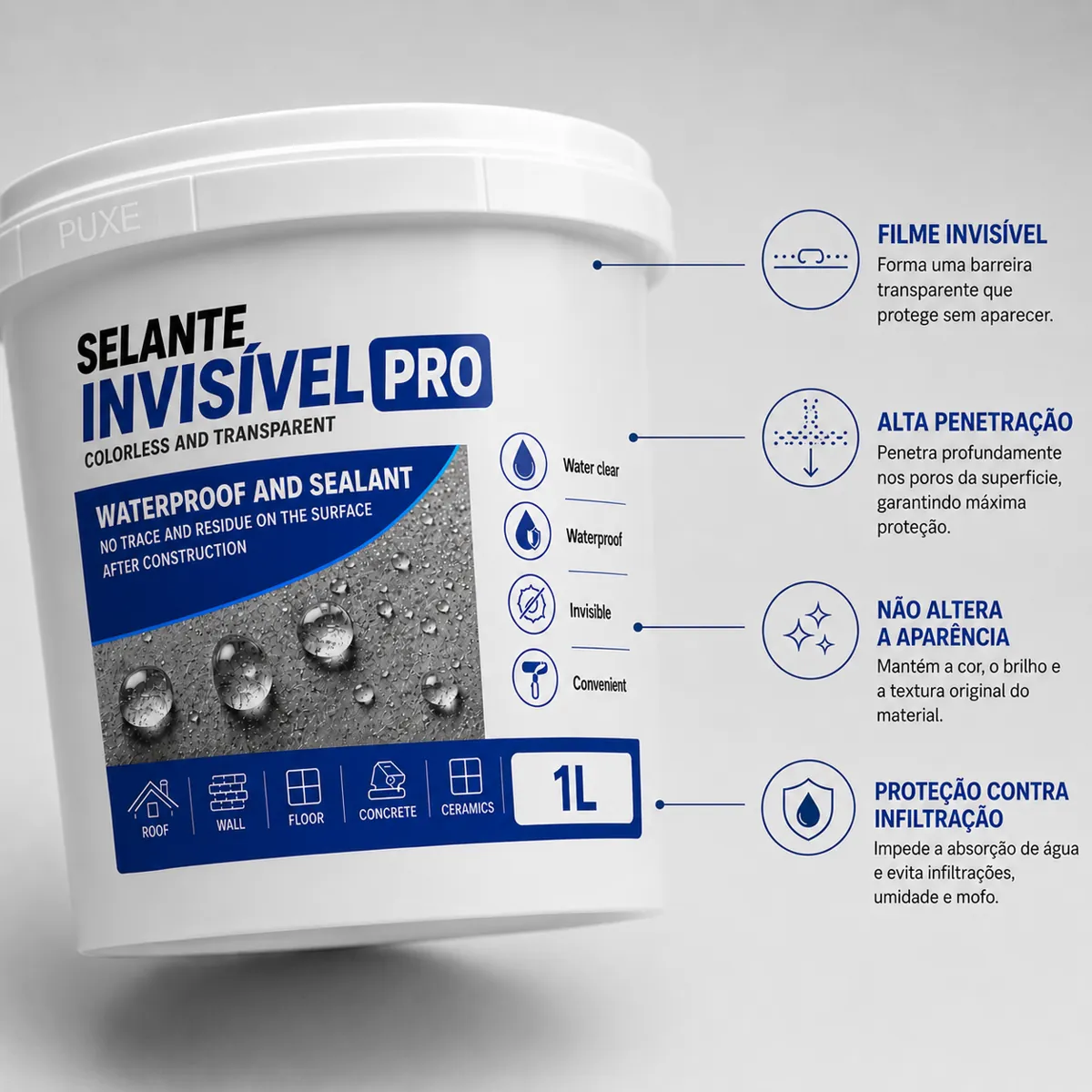 Balde do Selante Invisível PRO 1L com os principais benefícios do produto