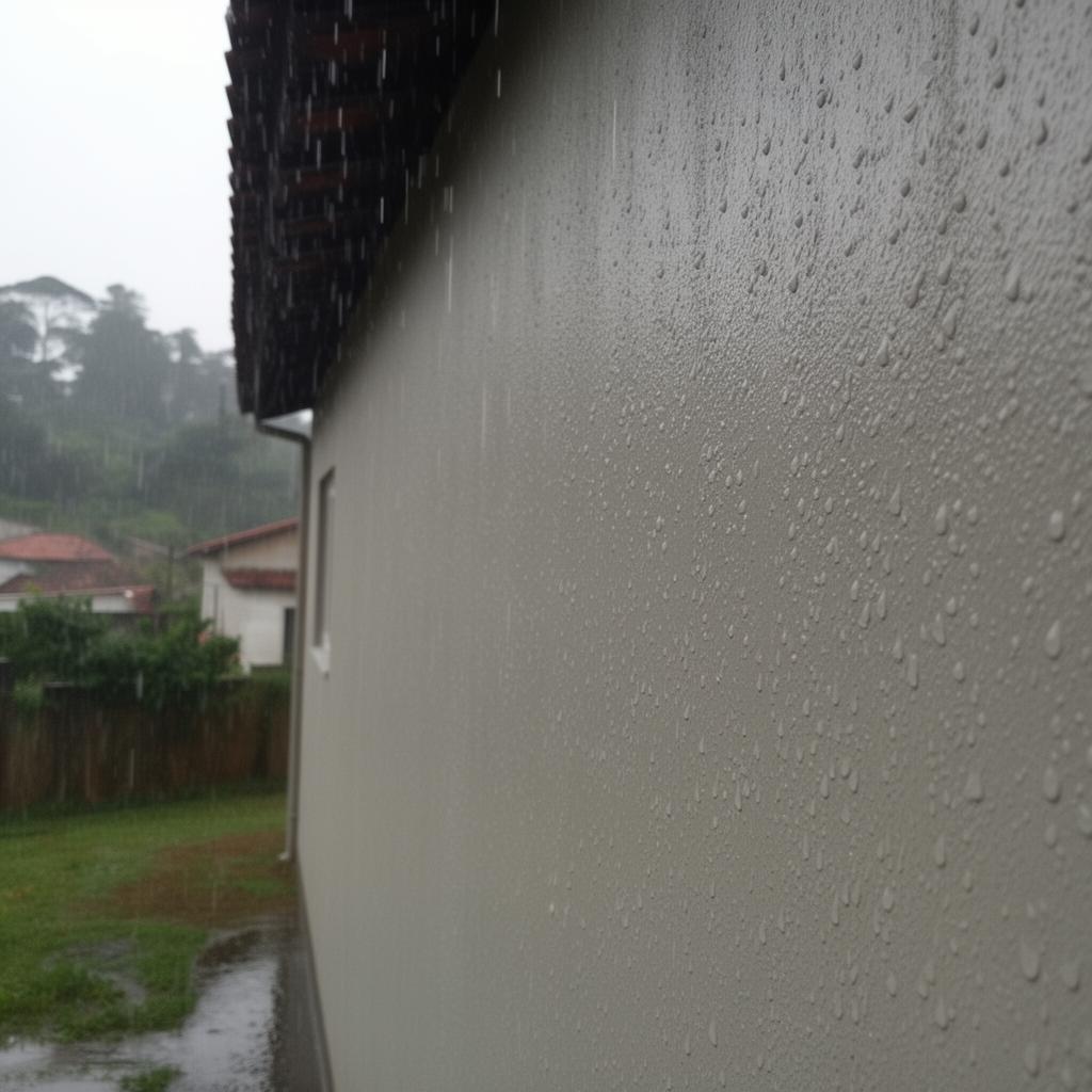Parede externa de casa sob chuva com selante impermeabilizante, água escorrendo sem penetrar na superfície