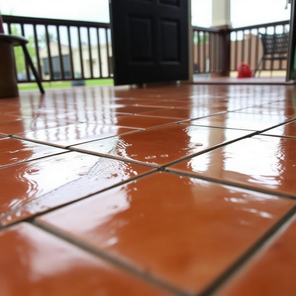 Piso de varanda impermeabilizado com água escorrendo na superfície após o Selante Invisível PRO