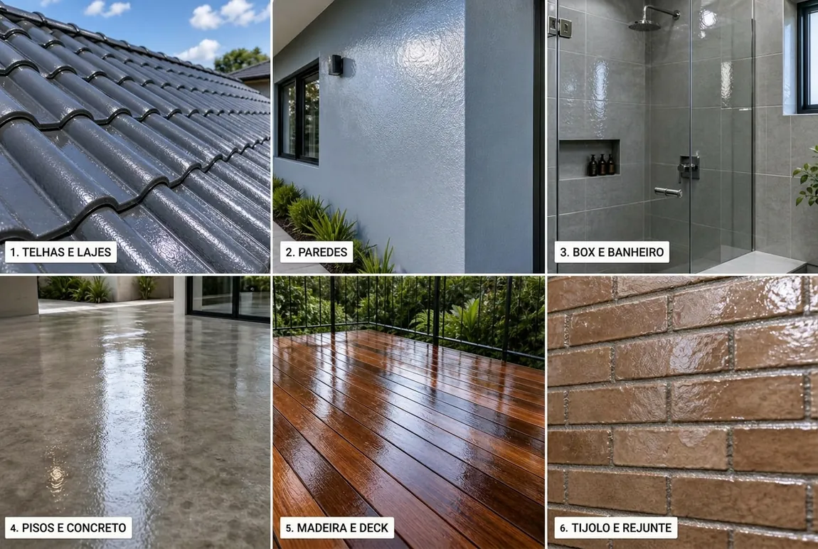 Superfícies que aceitam o Selante Invisível PRO: telhas e lajes, paredes, box e banheiro, pisos e concreto, madeira e deck, tijolo e rejunte