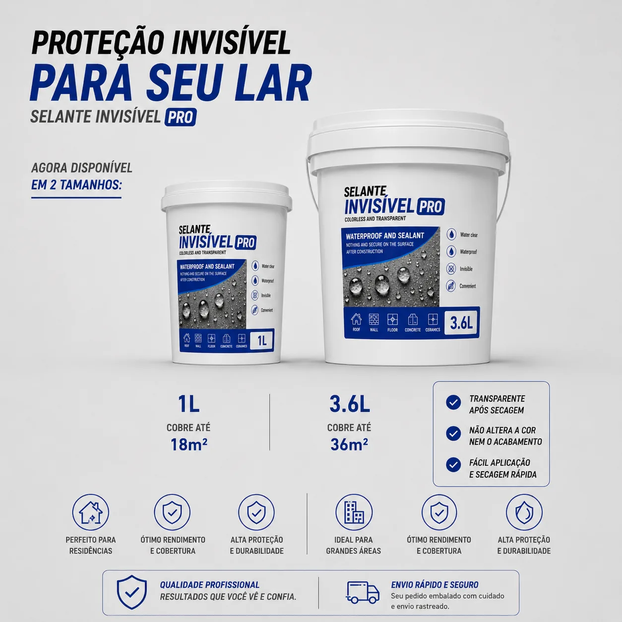 Linha completa do Selante Invisível PRO: 100ml, 300ml, 1L e 3.6L