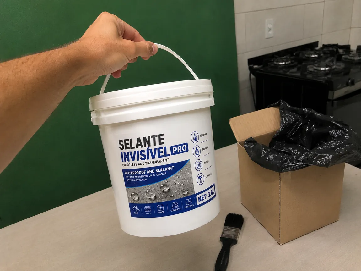 Cliente segurando o balde de 3,6L do Selante Invisível PRO recém-recebido com pincel ao lado