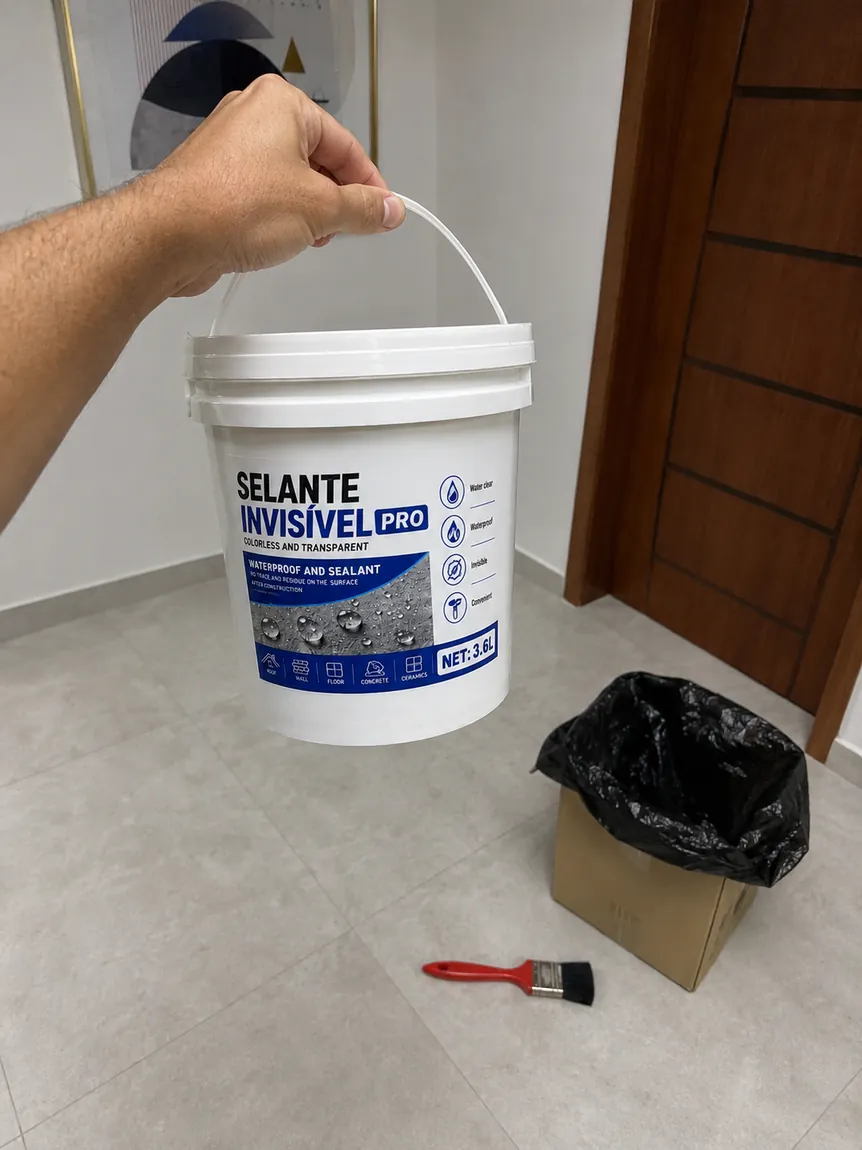 Cliente segurando o balde de 3,6L do Selante Invisível PRO com pincel vermelho ao lado da caixa de envio